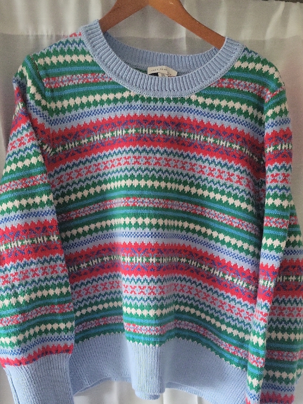 Light Blue Fair Isle Crewneck Sweater with Green & Pink Accents
